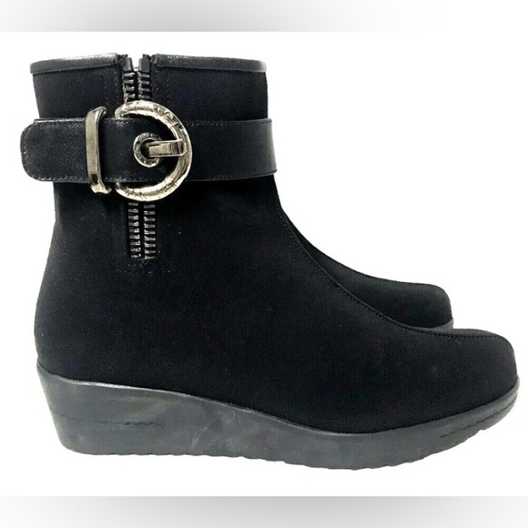 Stuart Weitzman Ankle Leather Boots Fur Lined Zipper Wedge Black Buckle 6.5 N - Picture 13 of 13